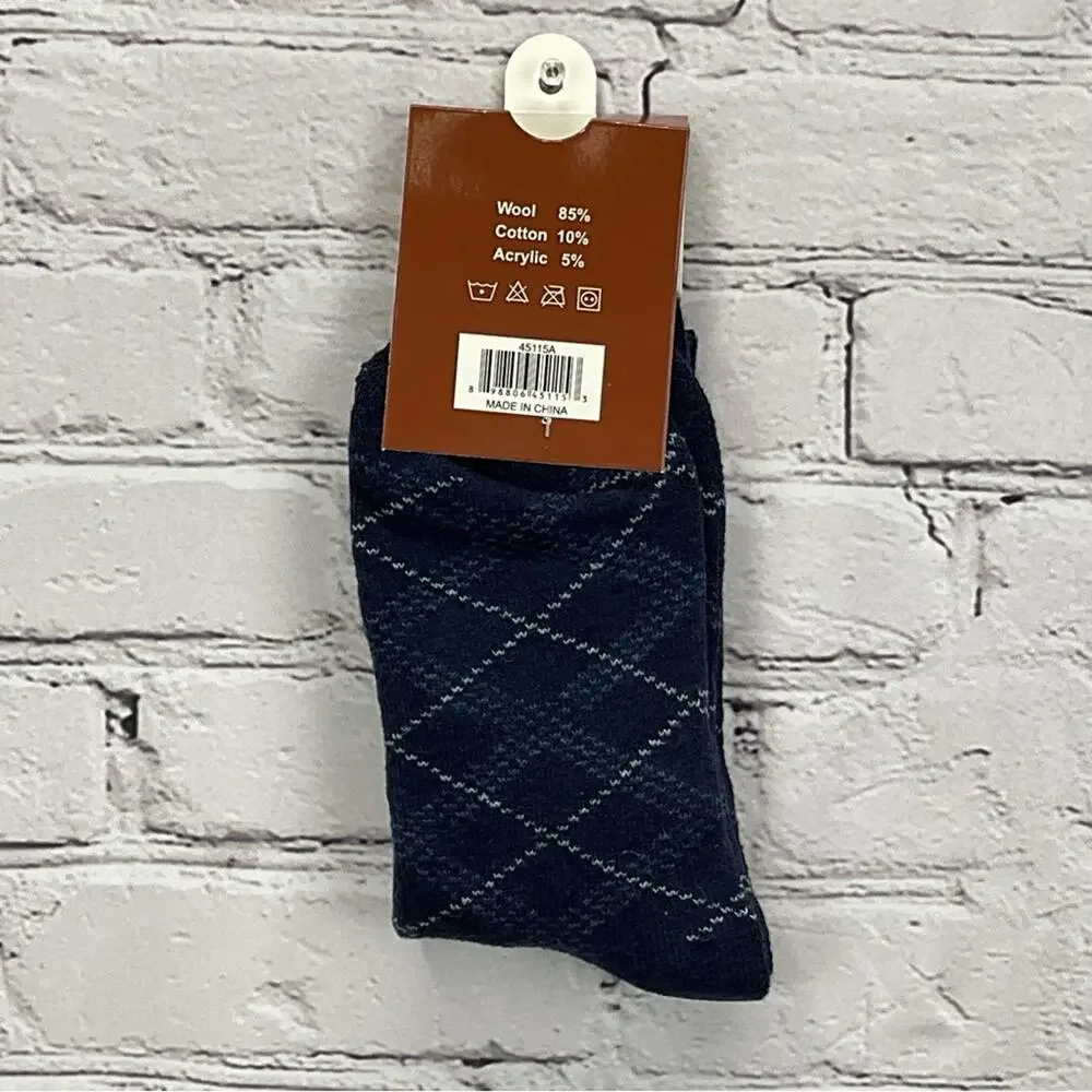 Max Adams Lamb Wool Socks Men's Size 10-13 Blue/Gray Diamond 2 Pair Casual Comfy